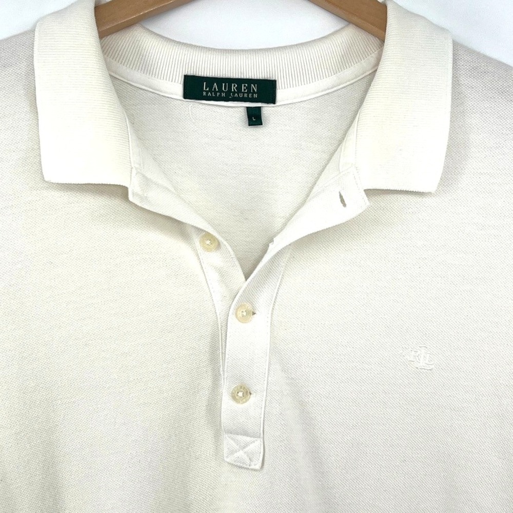 Lauren Ralph Lauren OffWhite Pique Knit Polo Top L Minimalist Clean Girl Classic - Picture 5 of 8